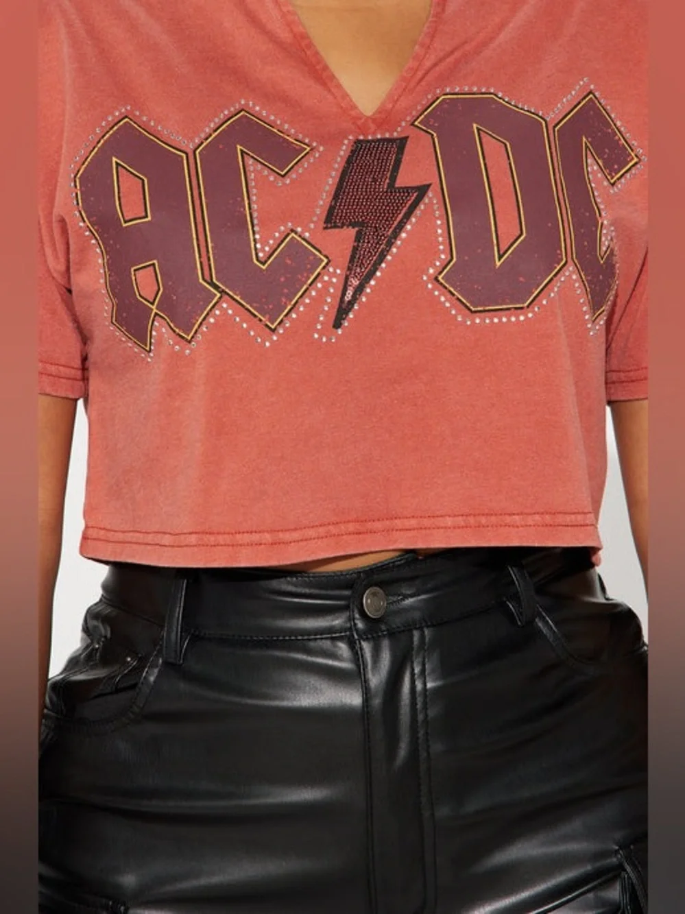Fashion Nova AC/DC Rust Red Studded Cropped Graphic Tee - Picture 2 of 3